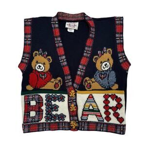 HEARTWORKS Teddy Bear Vintage 90s Knit Vest Size Medium 10/12 Girls Made in USA